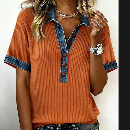 Euro-American Denim-Trimmed Loose T-Shirt for Women